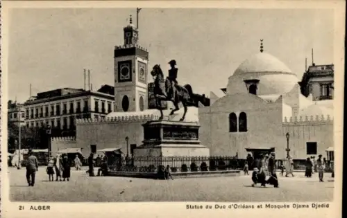 Ak Bab El Oued Algerien, Statue des Herzogs von Orléans und Djama-Djedid-Moschee