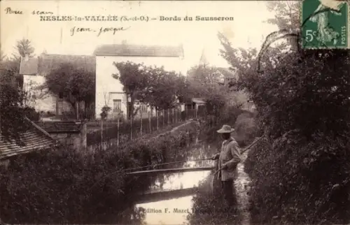 Ak Nesles la Vallee Val d'Oise, Bords du Sausseron, peche a ligne