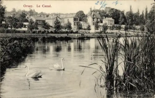 Ak Orsay Essonne,  Le Canal, zwei Schwäne, Häuser im Hintergrund