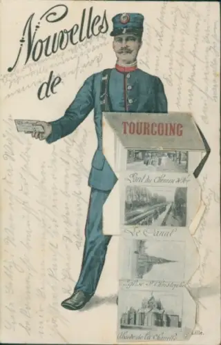 Leporello Ak Tourcoing Nord, Postbote, Kanal, Kirche, Eisenbahnbrücke