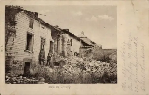 Ak Courcy Marne, Höfe, Ruinen, Kriegszerstörung I. WK