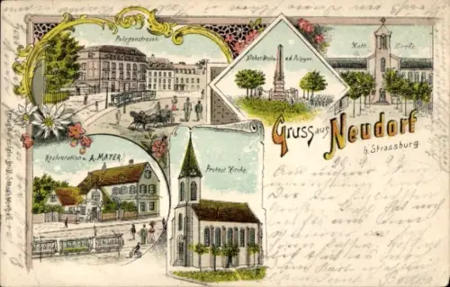 Litho Neudorf Strasbourg Straßburg Elsass Bas Rhin, Polygonstraße, Kirche, Restaurant Mayer