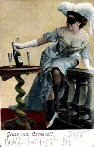 Ak Karneval, Frau mit Maske, Sektflasche
