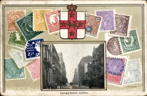 Briefmarken Präge Passepartout Ak Sydney Australien, George Street