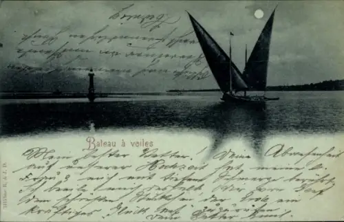 Mondschein Ak Segelboot, Leuchtturm