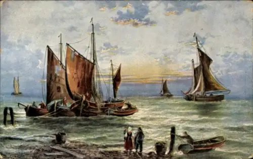 Künstler Ak Meeresufer, Fischerboote, Segelboote