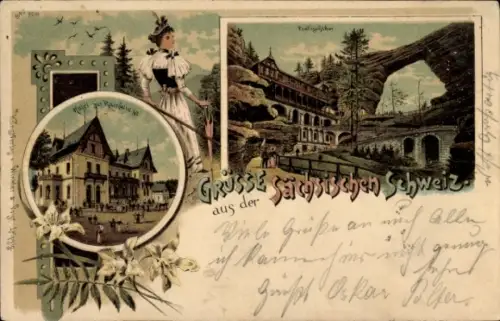 Litho Hřensko Herrnskretschen Elbe Region Aussig, Prebischtor, Pravčická brána, Hotel