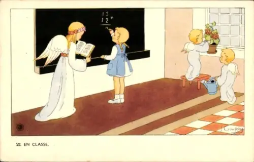 Künstler Ak Gouppy, J., Kinder in der Schule, Engel, Klassenzimmer