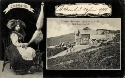 Ak Soultz Sulz Elsass Haut Rhin, Grand Ballon, Großer Belchen, Elsässerin beim Spinnen