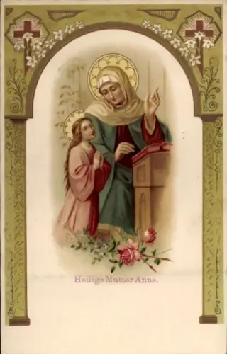 Präge Passepartout Litho Glückwunsch Namenstag, Heilige Mutter Anna, Rosen