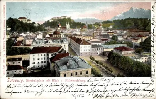 Ak Salzburg in Österreich, Mirabellplatz, Blick auf Hohensalzburg, Stadtansicht, 