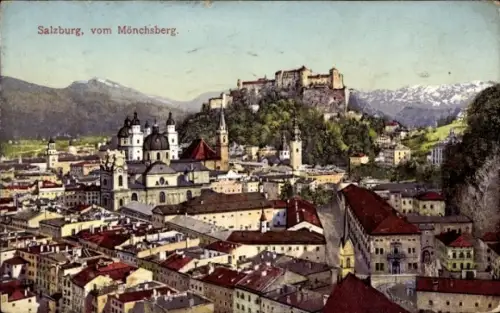 Ak Salzburg in Österreich,  Mönchsberg, Stadtansicht, Berge im Hintergrund