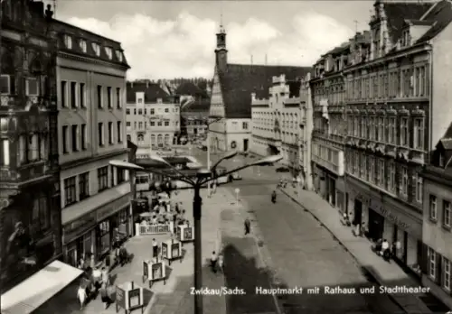 Ak Zwickau in Sachsen, Hauptmarkt mit Rathaus und Stadttheater