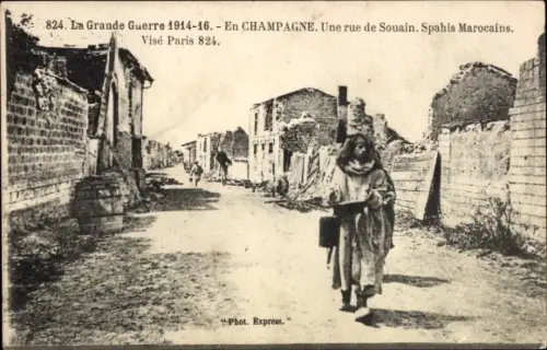 Ak Souain Marne, Une rue de Souain, Spahis Marocains
