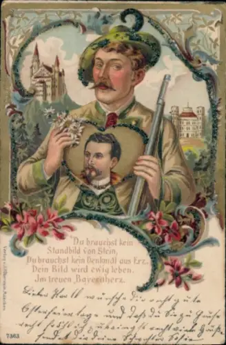 Glitzer Litho König Ludwig II. von Bayern, im treuen Bayernherz