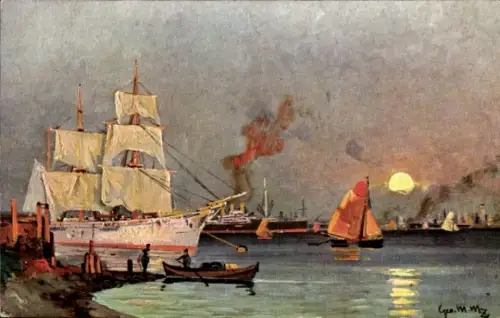 Künstler Ak Segelschiff, Boote, Sonnenuntergang