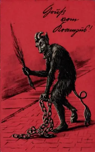 Ak Gruß vom Krampus, Kette, Rute