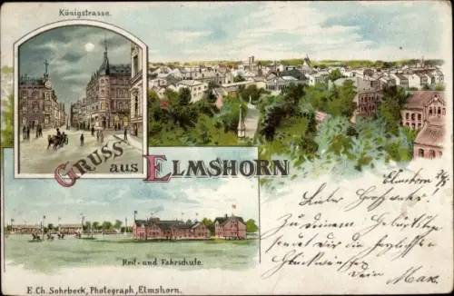 Litho Elmshorn in Holstein, Königstraße, Totalansicht, Reit- und Fahrschule