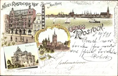 Litho Hansestadt Rostock, Hotel Rostocker Hof, Theater, Kirche