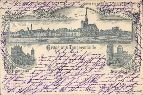 Litho Tangermünde an der Elbe, Rathaus, Neustädter Tor