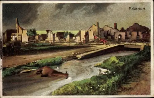 Künstler Ak Malancourt Meuse, Ansicht der zerstörten Stadt, totes Reh im Fluss