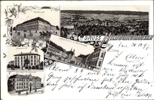 Litho Hildburghausen in Thüringen, Technikum, Marktplatz, Rathaus, Gymnasium, Elektro-Technikum