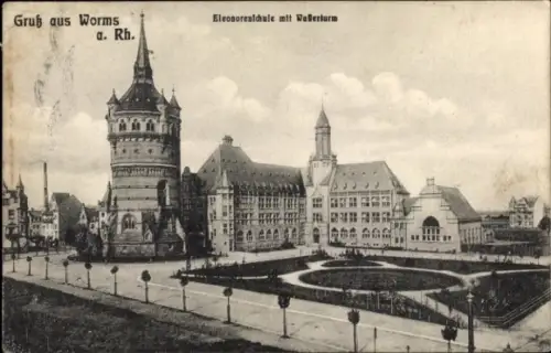 Ak Worms am Rhein, Eleonorenschule, Wasserturm