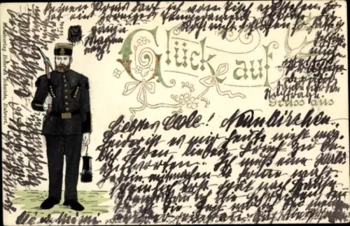 Präge Litho Glück auf, Bergmann mit Grubenlampe