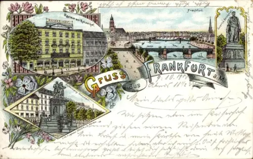 Litho Frankfurt am Main, Restaurant Kaiserhof, Guttenberg Monument, Goethe Denkmal