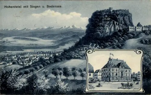 Litho Singen Hohentwiel Baden Württemberg, Gesamtansicht, Hotel