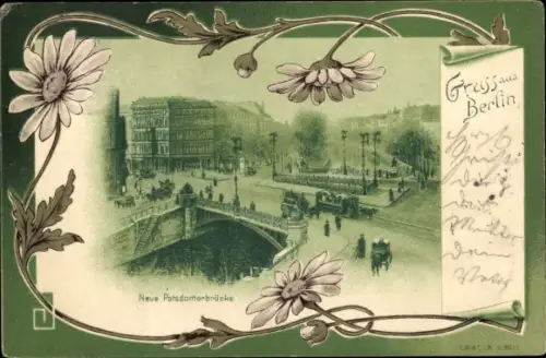 Passepartout Ak Berlin Tiergarten, Neue Potsdamer Brücke, Tram, Kutschen