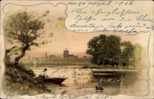 Halt gegen das Licht Litho Mann im Boot, Fluss