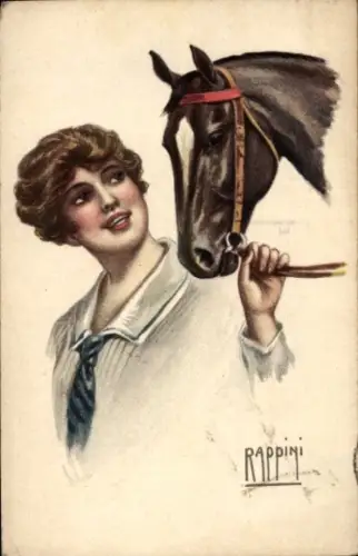 Künstler Ak Rappini, Elegante Frau, Pferd