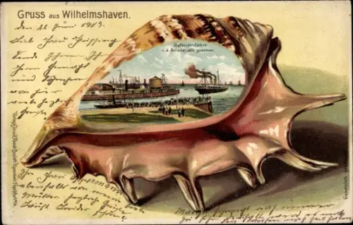 Präge Muschel Litho Wilhelmshaven, Hafeneinfahrt von der Strandhalle gesehen