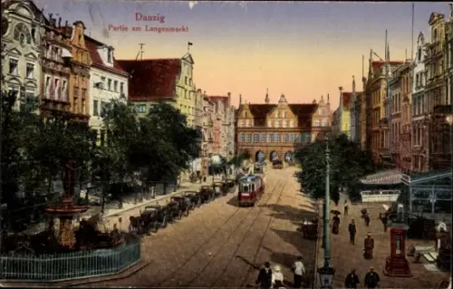 Ak Gdańsk Danzig, am Langenmarkt, Straßenbahn