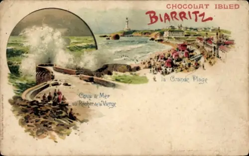 Litho Biarritz Pyrénées Atlantiques, La Grande Plage, Coup de Mer, Rocher Vierge