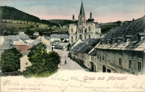 Ak Mariazell Steiermark, Gruss aus  Kirche, Häuser, O. Schleich, Dresden
