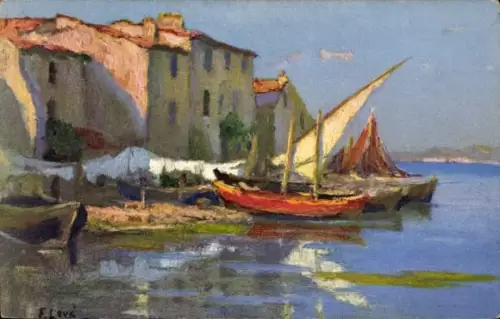 Künstler Ak Leve, F., Martigues Bouches du Rhône, Quartier Brescon, Boote am Ufer, Stadt