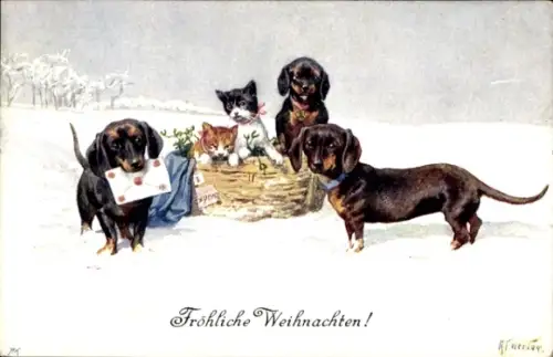 Künstler Ak Glückliches Neujahr, drei Dackel, zwei Katzen, BKWI 2670 4