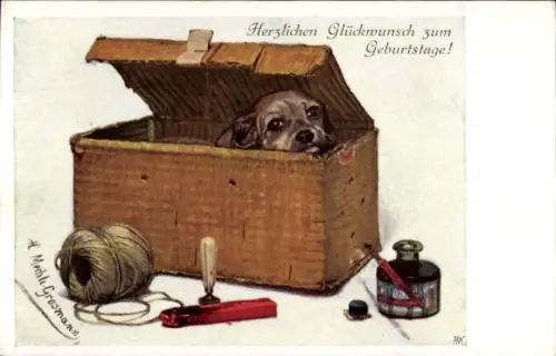 Künstler Ak Mechle Grossmann, Hund in einem Pappkarton, Tintenfass, Siegel