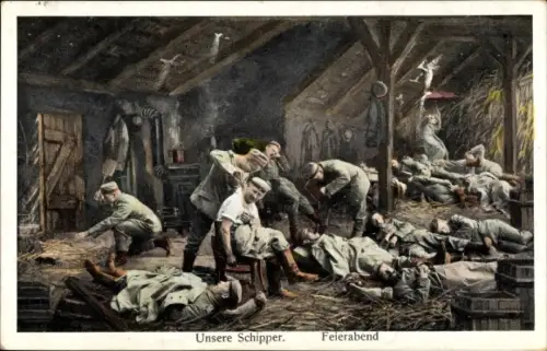 Ak Unsere Schipper, Feierabend, Soldaten in einer Scheune, Schlafplätze, I. WK