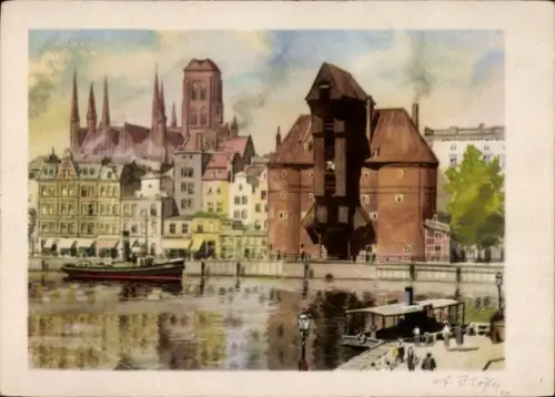 Künstler Ak Höfer, A., Gdańsk Danzig, Krantor, St. Marienkirche, Mottlau