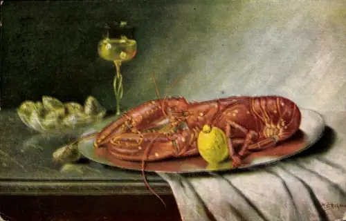 Künstler Ak Hummer, Essen, Weinglas