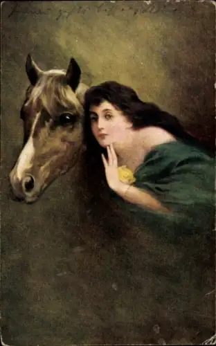 Künstler Ak Märchen, Frau mit dunklem Haar, Pferd, Gelbe Blume