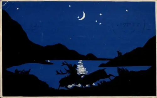 Künstler Ak Kämpfende Rentiere im Mondlicht, Silhouette von Captain Tharp