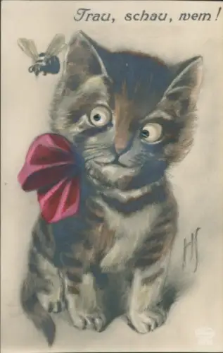 Mechanische Ak Trau, schau, wem! Katze mit Glasaugen, Fliege