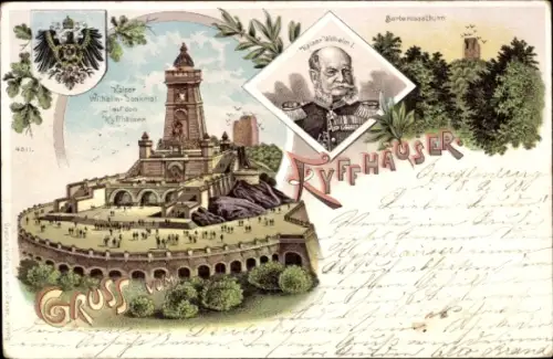 Litho Steinthaleben Kyffhäuserland in Thüringen, Kyffhäuser, Kaiser Wilhelm Denkmal, Barbarossaturm