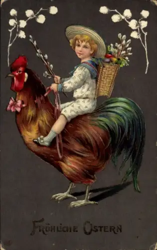 Ak Frohe Ostern, Kind reitet auf einem Hahn, Weidenkätzchen, Ostereier