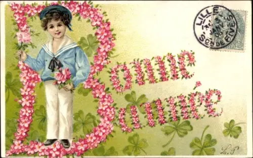 Präge Ak Glückwunsch Neujahr, Junge mit Blumenstrauß, Rosen, Glücksklee