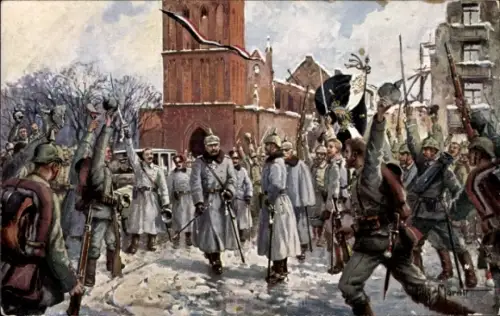 Künstler Ak Ełk Lyck Masuren Ostpreußen, Kaiser Wilhelm II., Inmitten seiner Truppen, Marktplatz